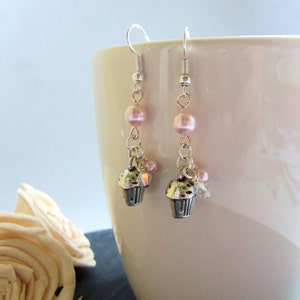 Pink pearl and crystal cupcake charm earrings, pink cupcake jewelry, cake earrings, surgical steel earrings, get well gift for teenage girl image 3