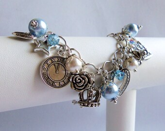 Cinderella blue and white charm bracelet, pearl and crystal, Cinderella jewelry, fairytale pearl bracelet, Cinderella charm bracelet