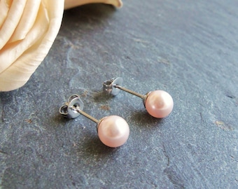 Pink pearl stud earrings, single pearl post earrings, rosaline, surgical steel earrings, 6mm pearls, bridesmaid gift, simple pearl studs