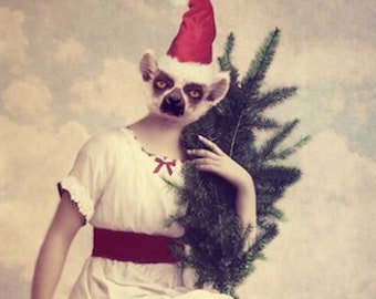 Navidad Kitsch Lemur pared arte animales antropomórficos en ropa fotografía arte (3 tamaños) regalo para ella, "Retrato de Navidad de Oliva"