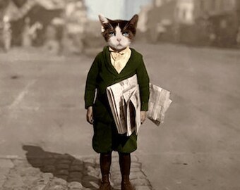 Unique Cat Art Print Cat Gift for Cat Lovers Anthropomorphic Animal Vintage Print Wall Art Decor (non AI art)