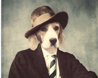 Perro arte impresión Beagle animal arte animales antropomórficos en ropa decoración única del hogar (3 tamaños disponibles) "Agencia de detectives Fido Billings"