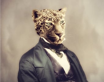 Leopard in Suit Art Print, Anthropomorphic Animal Portrait