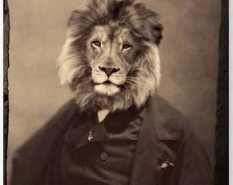 Lion Portrait Art Print, Sepia Anthropomorphic Animal, Vintage Collage