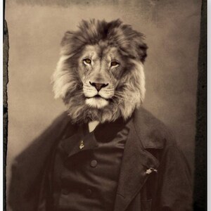 Lion Portrait Art Print, Sepia Anthropomorphic Animal, Vintage Collage