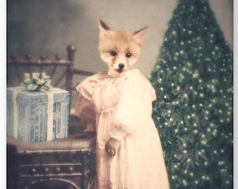 Fox Art Print Christmas Decor Girl Nursery Art Animal Wall Art Holidays Woodland Baby Christmas Decorations Vintage (3 Sizes) "Just A Peek"