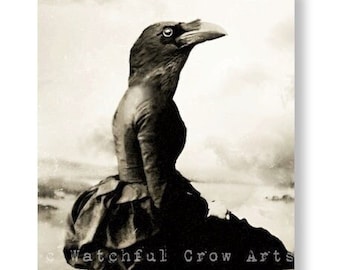 Unique Crow Art Print, Raven Art, Gothic Decor, Anthropomorphic, Creepy Art Black and White Victorian Animal "The Dark Longing" (non AI art)