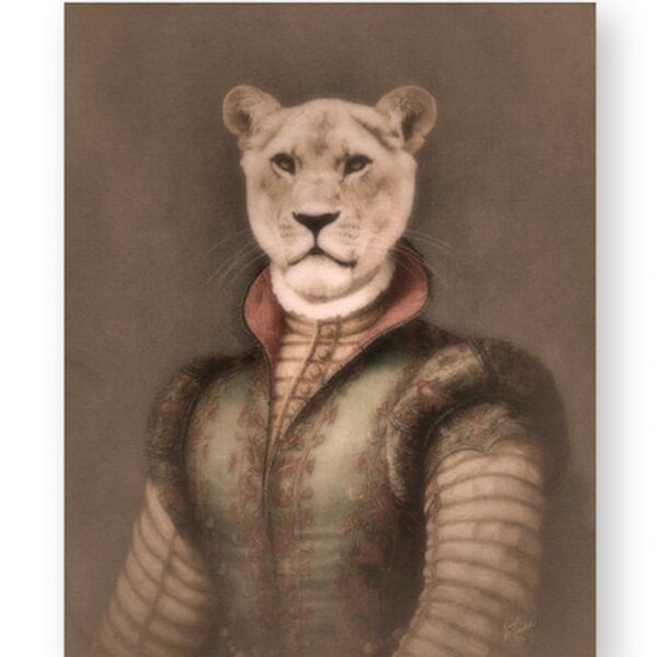 Lion Art Print Lioness Animal Art Anthropomorphic Animals In Clothes Unique Gift Archival Fine Art Decor  "Lea The Huntress"