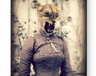 Unique Lion Animal Print, Funny Statement Wall Art, Animal Head Art, Quirky Animal Art, "Never Keep A Lady Waiting" (non AI art)