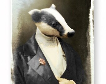 Anthropomorphic Badger Art Print, Vintage Animal Portrait