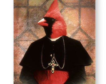 Impresión de arte de aves Cardenal Animal Arte Animales antropomórficos en ropa Amante de las aves Regalo Arte católico (3 tamaños disponibles) "Cardenal Cardenal"