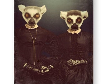 Unique Victorian Gothic Decor Lemur Animals As Humans Art Print Animal Lover Gift, "The Lemur Sisters," (non AI art)