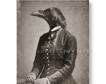 Victorian Crow Portrait Print, Gothic Steampunk Home Decor