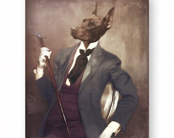 May include: A brown Doberman Pinscher dog dressed in a vintage suit with a white bow tie and a cane. The dog is sitting in a chair with a serious expression on its face. The background is a muted brown color.