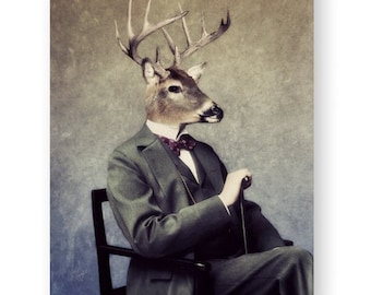 Unique Animal Print, Deer, Animal Head Art, Animals As Humans, Aristocratic Animals, Gift for Him, "Buck" (non AI art)