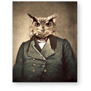 Unique Owl Gift Art Print Vintage Victorian Animals As People Wall Art, &quot;Professor Merlin&quot; (non AI art)