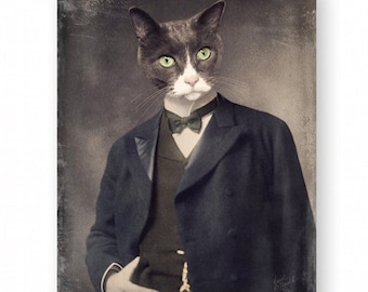 Handsome Cat Art Print Anthropomorphic Mixed Media Collage Archival Fine Art (3 Sizes) "Laid-back Lenny"