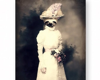 Victorian Sloth Wedding Art Print, Animal Portrait, Funny Gift