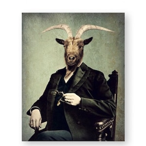 Unique Goat Art Print, Billy Goat, Farmhouse Decor, Anthropomorphic, Mixed Media Collage, Wall Art, Ram Head, Mancave Decor, "Gerard"