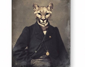 Cat Art Print Animal Art Cougar Mountain Lion Animals In Clothes Woodland Anthropomorphic Famous Art Print (3 Sizes Available) "Chadwick"
