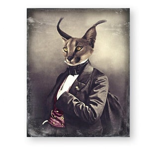 Lynx in Suit Art Print, Anthropomorphic Animal Portrait