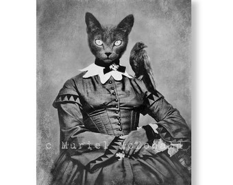 Gothic Black Cat & Crow Art Print, Victorian Style