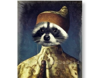 Unique Raccoon Animal Art Print, Animals As Royalty Art, Animals As People Art, Vintage Wall Art, "Woodland Wise One"  (non AI art)