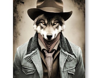 Arte único del lobo decoración del hogar animales como personas impresiones vintage decoración rústica moderna de la granja, "Temple Grady"