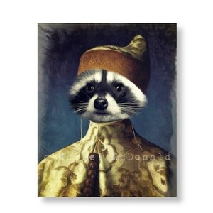 May include: A raccoon wearing a gold and brown turban and a gold and white patterned robe. The raccoon has a serious expression and is looking directly at the viewer.