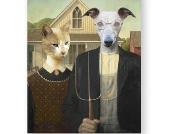 Animal Art Print Cat Dog Animals In Clothes Altered Art Mixed Media Collage Country Folk Art (2 sizes) "American Gothic Pets"