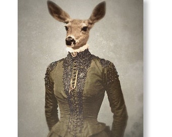 Unique Deer Art Animal Print Digital Animals As People Collage Farmhouse Decor, "Gentle Soul" (non AI art)