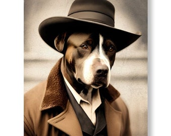 Könnte beinhalten: Ein brauner und weißer Hund, der einen braunen Fedora-Hut und einen braunen Mantel mit Pelzkragen trägt. Der Hund schaut nach links aus dem Bild.