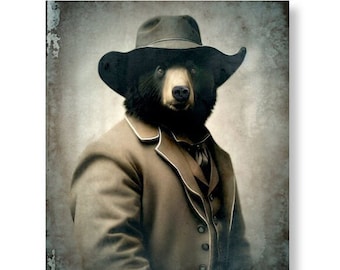 Unique Bear Art Print Country Farmhouse Decor Wall Art Woodland Animals in Clothes Old West Gift for Him  (non AI art)