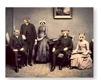 Unique Woodland Animal Art Print Animals In Clothes Lynx Otter Raccoon Bear Fox Victorian Decor Wall Art  "Woodland Family"  (non AI art)