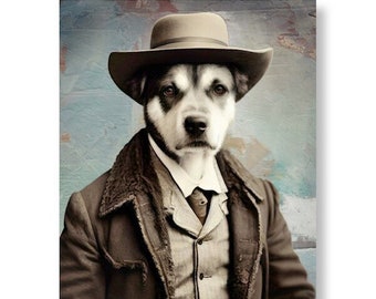 Unique Dog Art Print Digital Art Mutt Anthropomorphic Vintage Wall Decor Artwork Gift for Dog Lovers, "Tatters"  (non AI art)