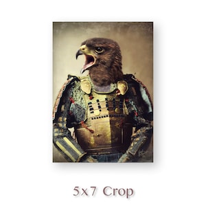 May include: A brown and gold samurai warrior with a hawk head and open beak. The warrior is wearing a traditional Japanese samurai armor with a gold breastplate and a green and black chainmail.