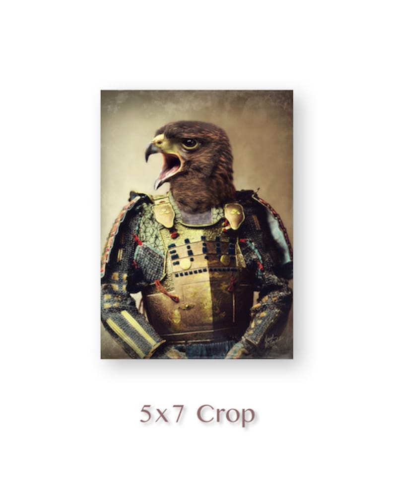 May include: A brown and gold samurai warrior with a hawk head and open beak. The warrior is wearing a traditional Japanese samurai armor with a gold breastplate and a green and black chainmail.