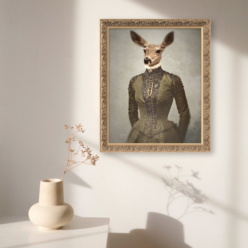 Unique Deer Art Animal Print Digital Animals As People Collage Farmhouse Decor, Gentle Soul non AI art image 7