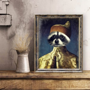 May include: A framed portrait of a raccoon wearing a gold and brown hat and a gold and brown patterned robe. The raccoon has a serious expression and is looking directly at the viewer.
