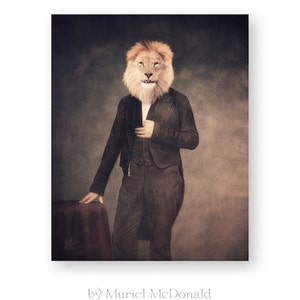 May include: A vintage-style portrait of a lion in a suit. The lion is wearing a black suit with a white shirt and a bow tie. The background is a dark brown color with a light brown fog effect.