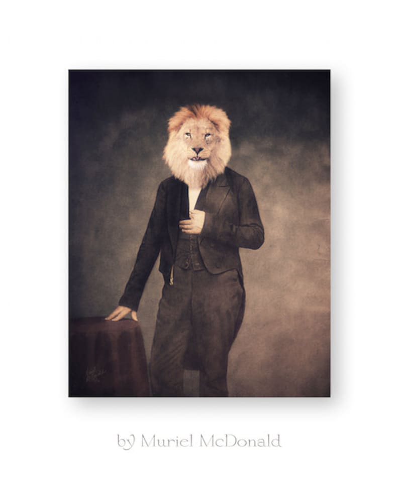 May include: A vintage-style portrait of a lion in a suit. The lion is wearing a black suit with a white shirt and a bow tie. The background is a dark brown color with a light brown fog effect.