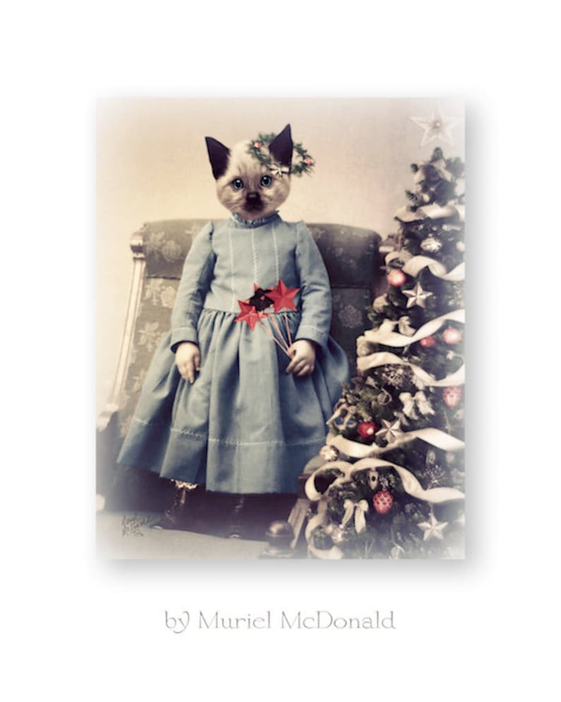 Christmas Cat Art Print Kitten Anthropomorphic Collage image 1
