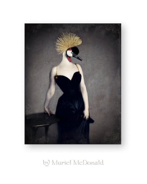 Bird Art Anthropomorphic Bird Print Animals In Clothes Wall Art Avant Garde Decor Altered Art Mixed Media Collage  "Lady Crane"