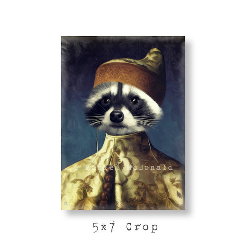 May include: A raccoon wearing a gold and brown turban and a gold and white patterned robe. The raccoon has black eyes and a black nose. The background is a dark blue.