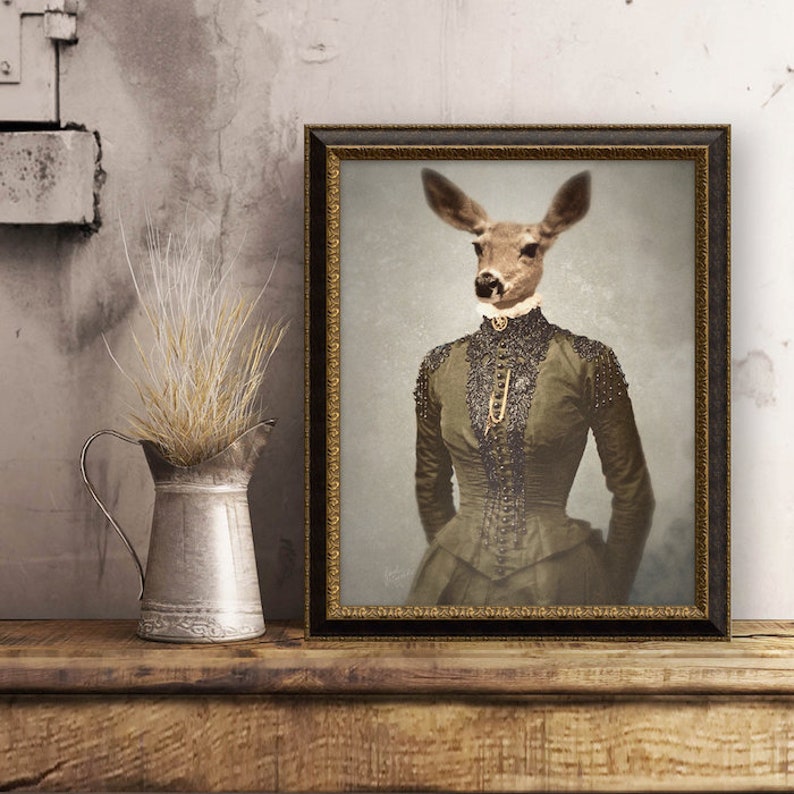 Unique Deer Art Animal Print Digital Animals As People Collage Farmhouse Decor, Gentle Soul non AI art image 5