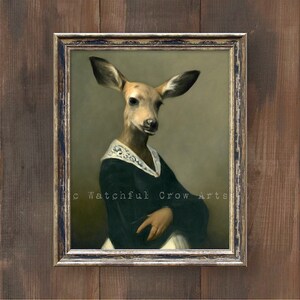 May include: A painting of a deer in a green dress with a white lace collar. The deer is looking at the viewer with a serious expression. The painting is framed in a gold frame.