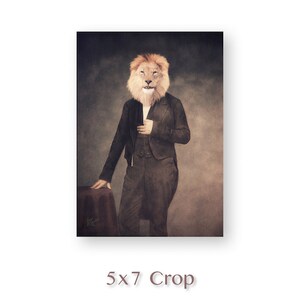 May include: A portrait of a lion in a suit, with a serious expression. The lion is wearing a dark suit jacket, a white shirt, and a vest. The background is a dark, textured wall.