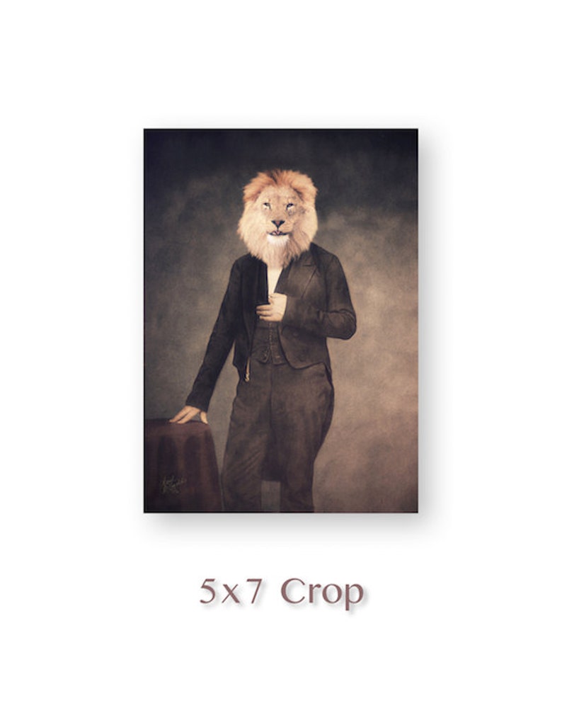 May include: A portrait of a lion in a suit, with a serious expression. The lion is wearing a dark suit jacket, a white shirt, and a vest. The background is a dark, textured wall.