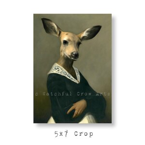 May include: A painting of a deer with a human-like body wearing a dark green dress with a white lace collar. The deer has brown fur and large, dark eyes. The background is a muted green.
