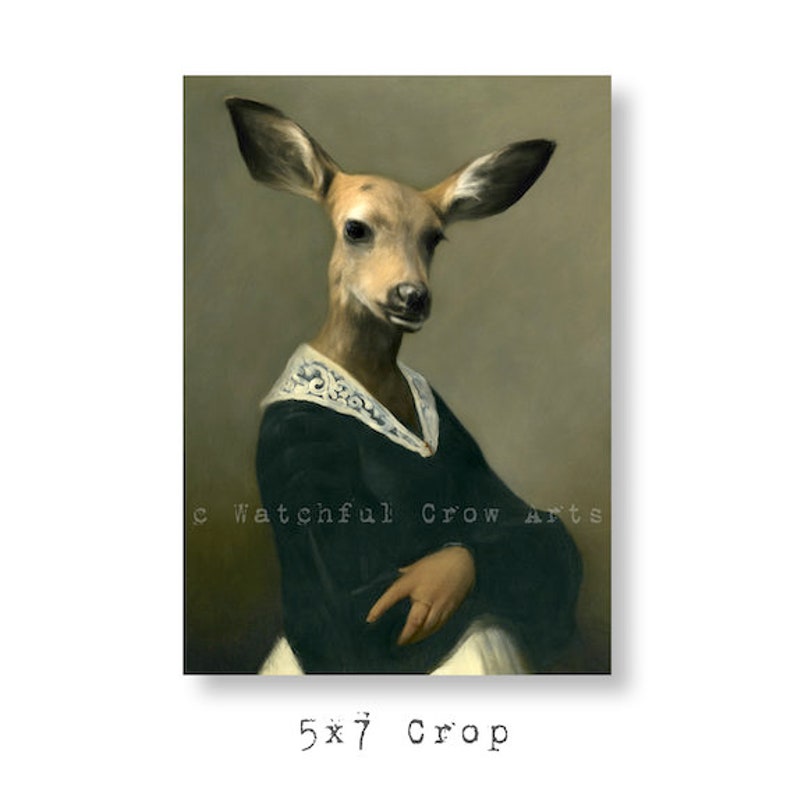 May include: A painting of a deer with a human-like body wearing a dark green dress with a white lace collar. The deer has brown fur and large, dark eyes. The background is a muted green.